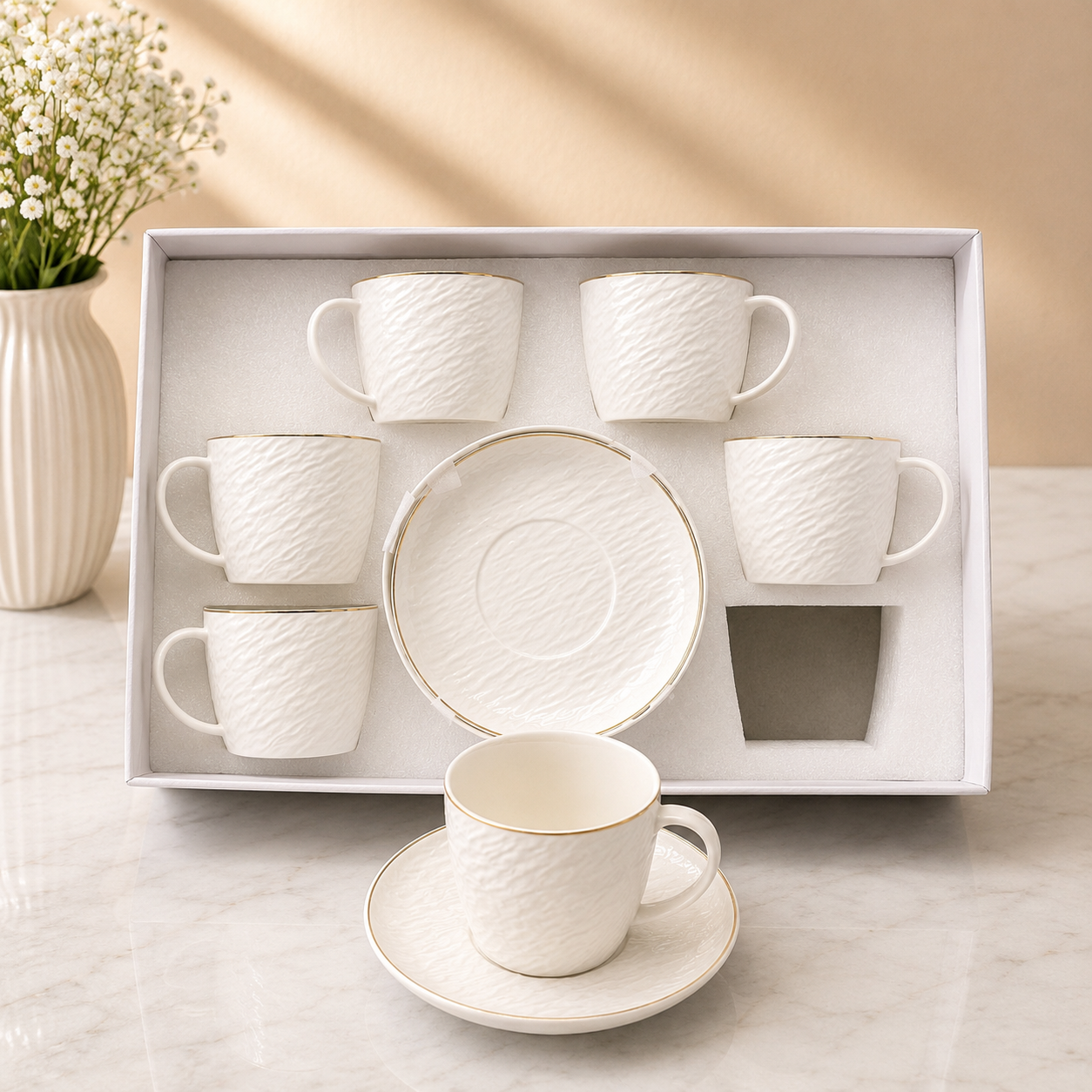 Textured White Cup & Saucer Set – 12 Pieces