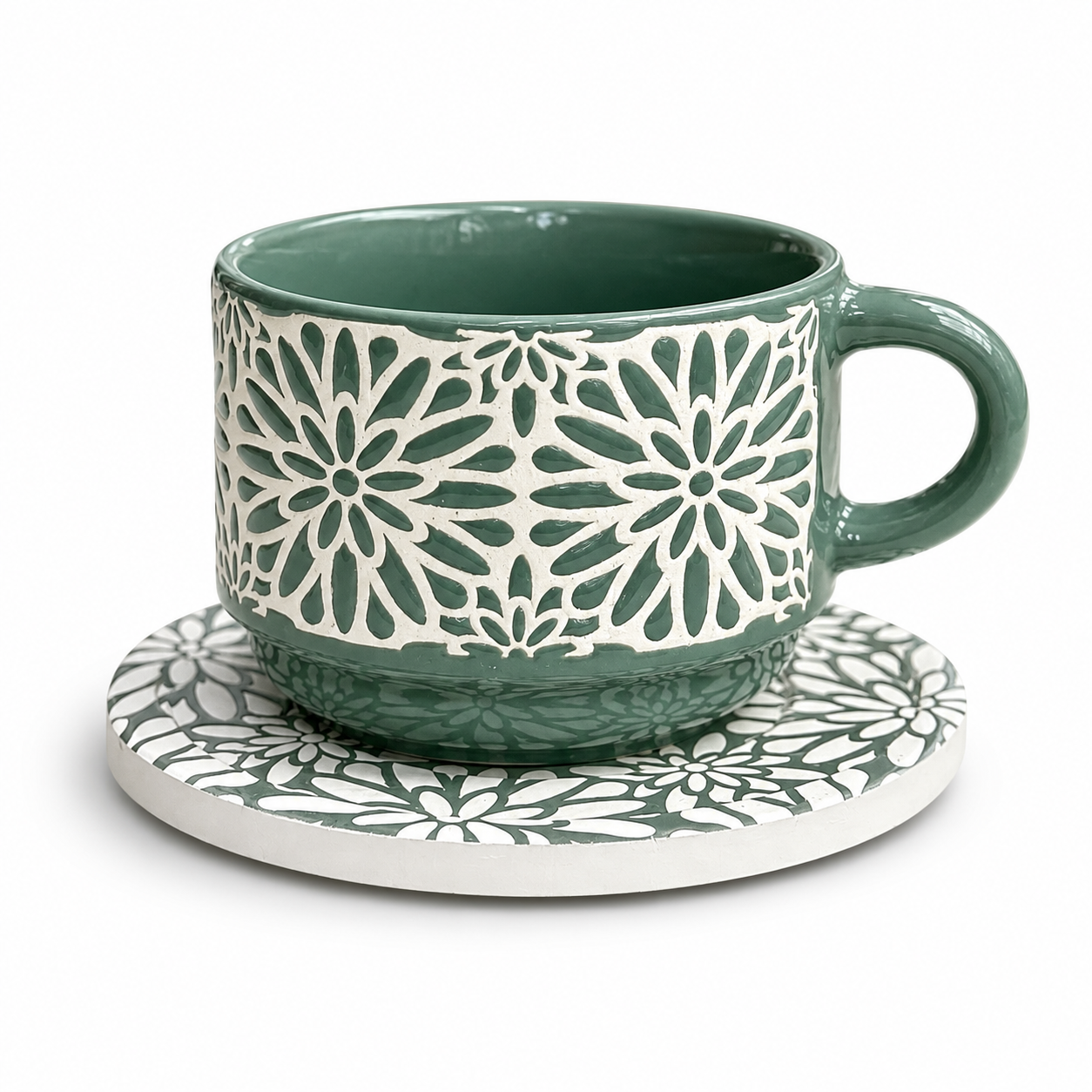 Danny Home Textured Ceramic Cup & Saucer Set – 6 Pcs | Sage Green