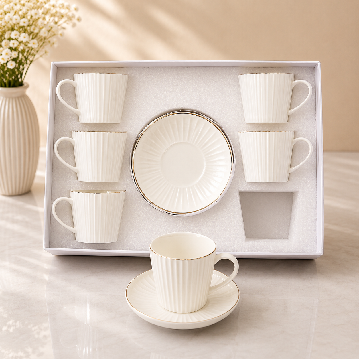 Fluted White Cup & Saucer Set – 12 Pieces