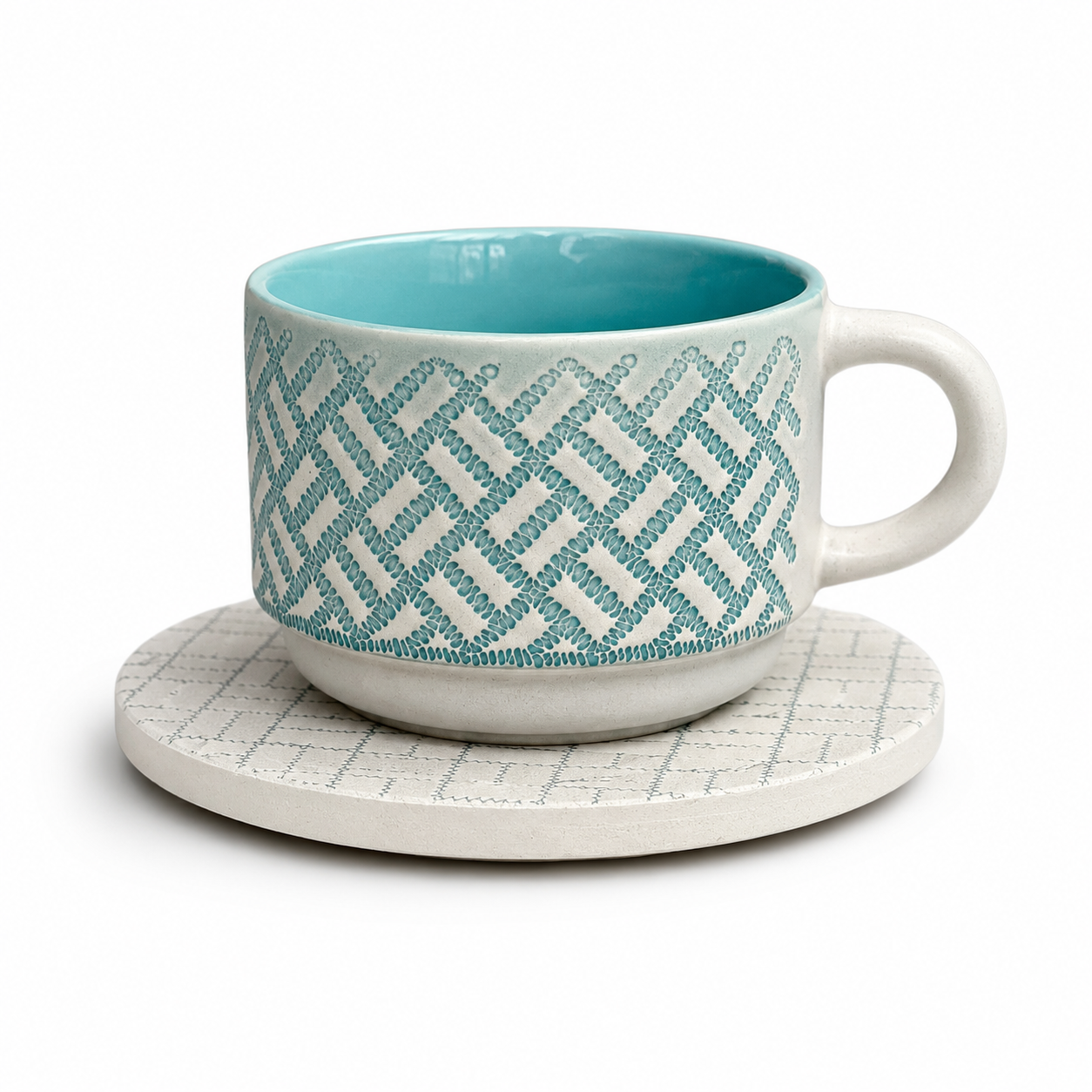Danny Home Woven Ceramic Cup & Saucer Set – 6 Pcs | Sky Blue