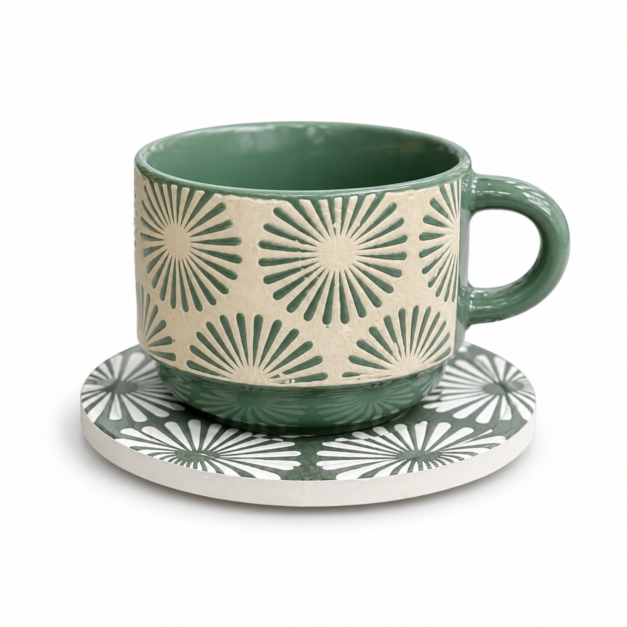 Danny Home Floral Ceramic Cup & Saucer Set – 6 Pcs | Sage Green