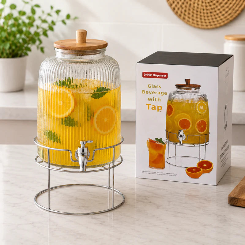 Danny Home 6L Ribbed Glass Drinks Dispenser with Wooden Lid & Metal Stand