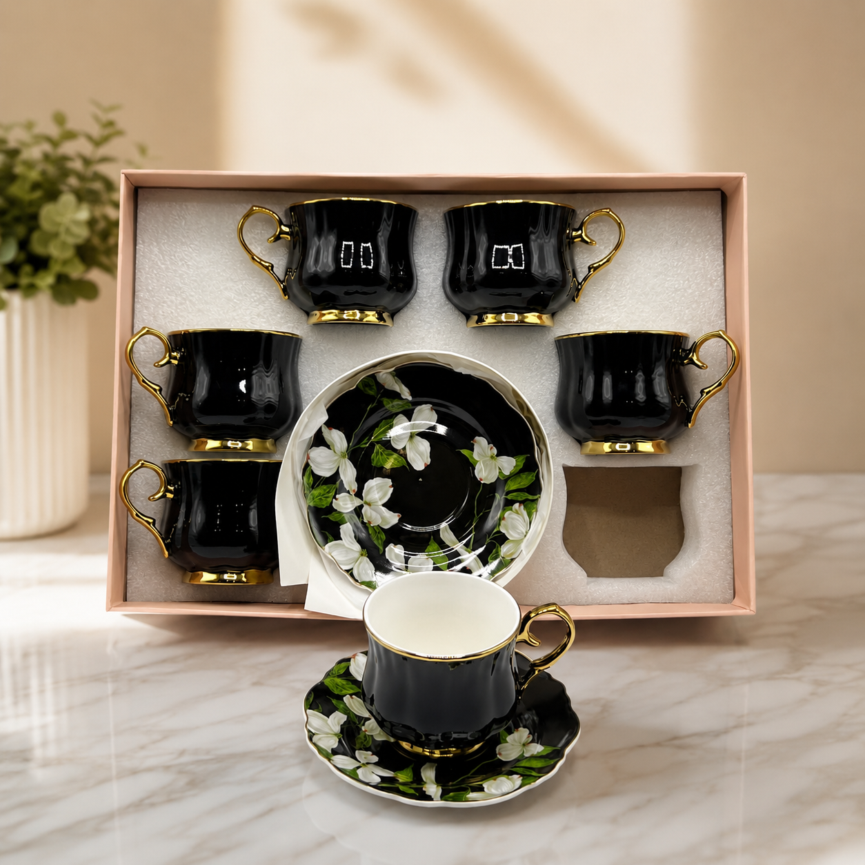 Black Floral Ceramic Cup & Saucer Set – 12 Pieces