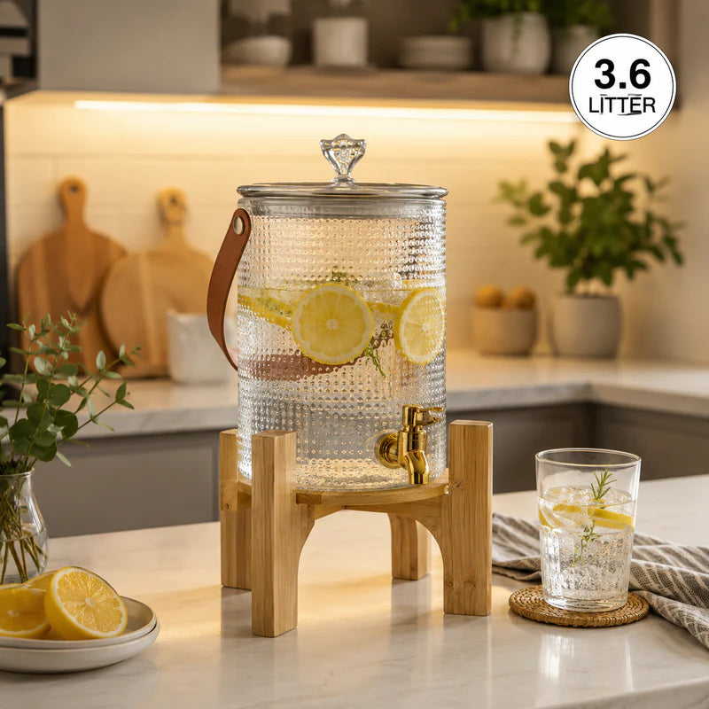 3.6L Glass Beverage Dispenser with Wooden Stand & Gold Tap