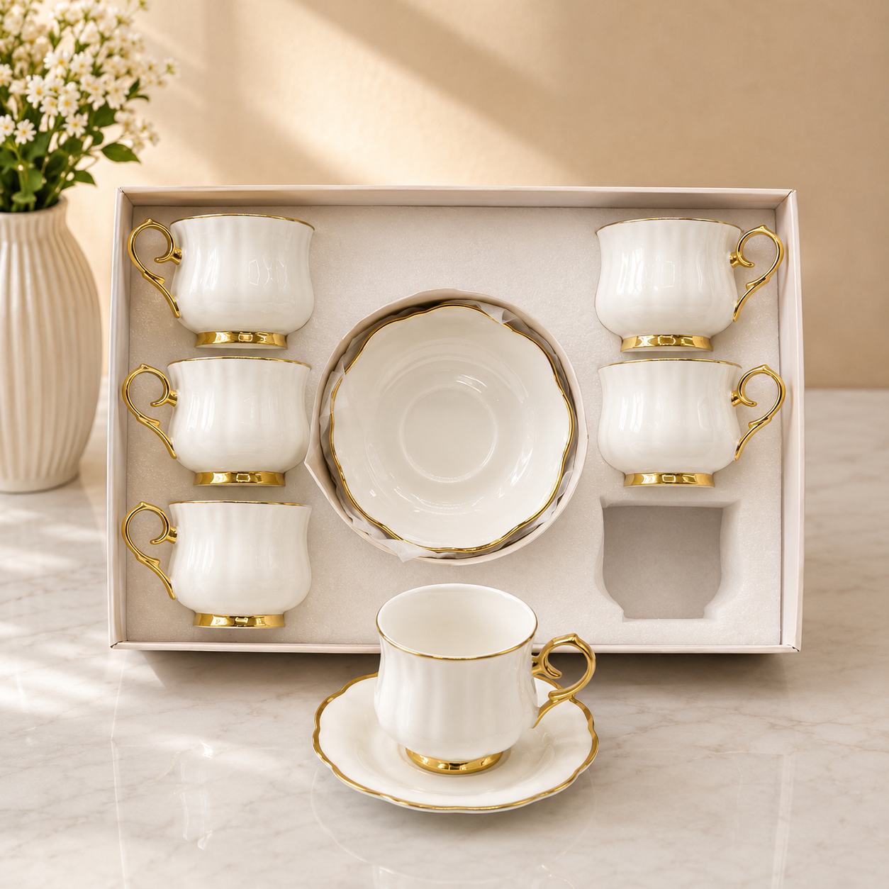 Classic White Gold Cup & Saucer Set – 12 Pieces