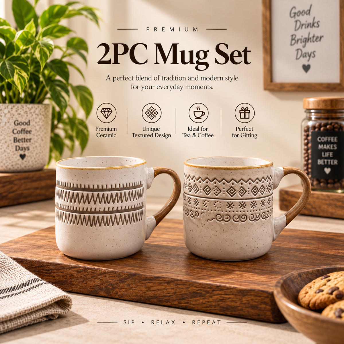 Textured Ceramic Mug Set – 2 Pcs