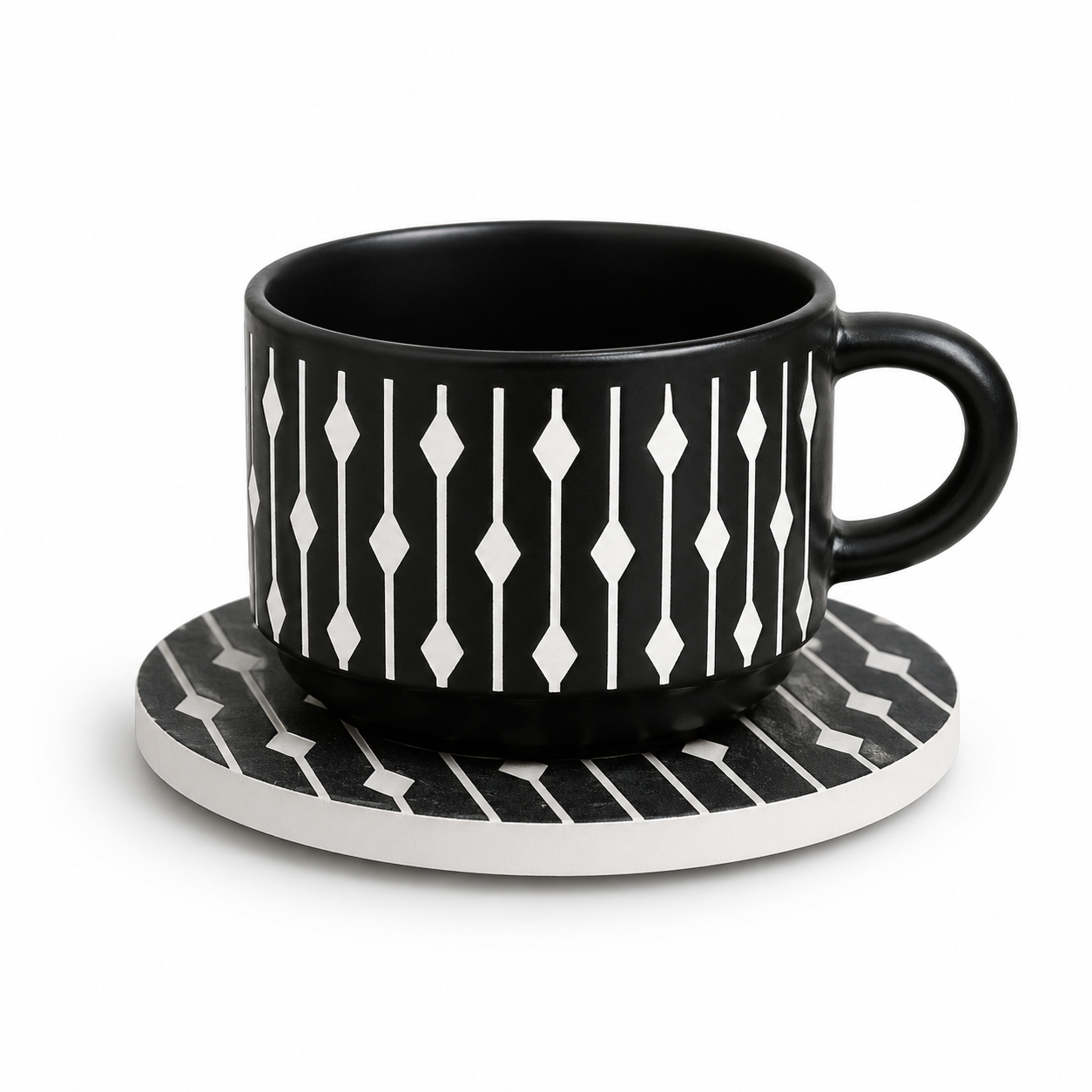Danny Home Modern Ceramic Cup & Saucer Set – 6 Pcs | Black & White