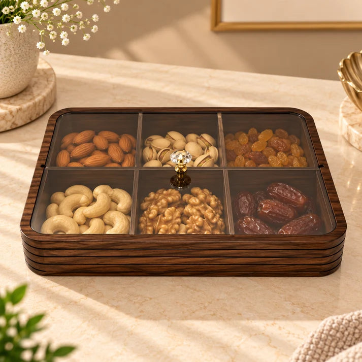 Premium Bamboo Dry Fruit Box with Plastic Lid – 6 Compartments | Dark Walnut