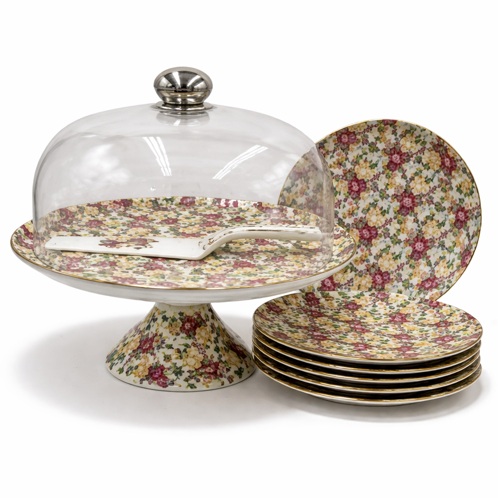 Royal Albert 9 PCS Cake Set – Floral Porcelain Dessert Stand with Plates