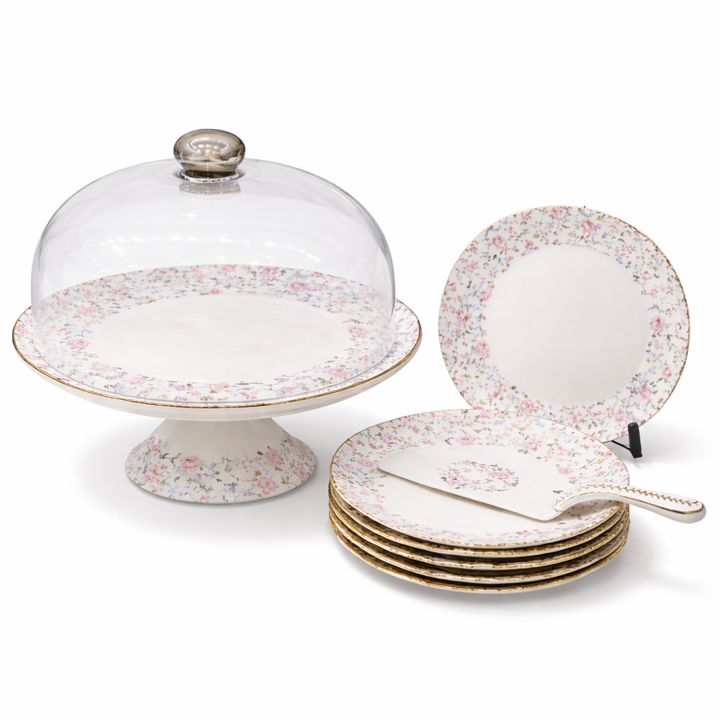 Royal Albert 9 PCS Cake Set – Floral Porcelain Dessert Stand with Plates