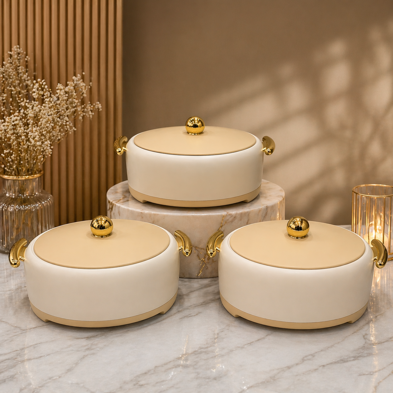 Insulated Hotpot Set (3 Pcs) – Premium Casserole Set with Gold Handles