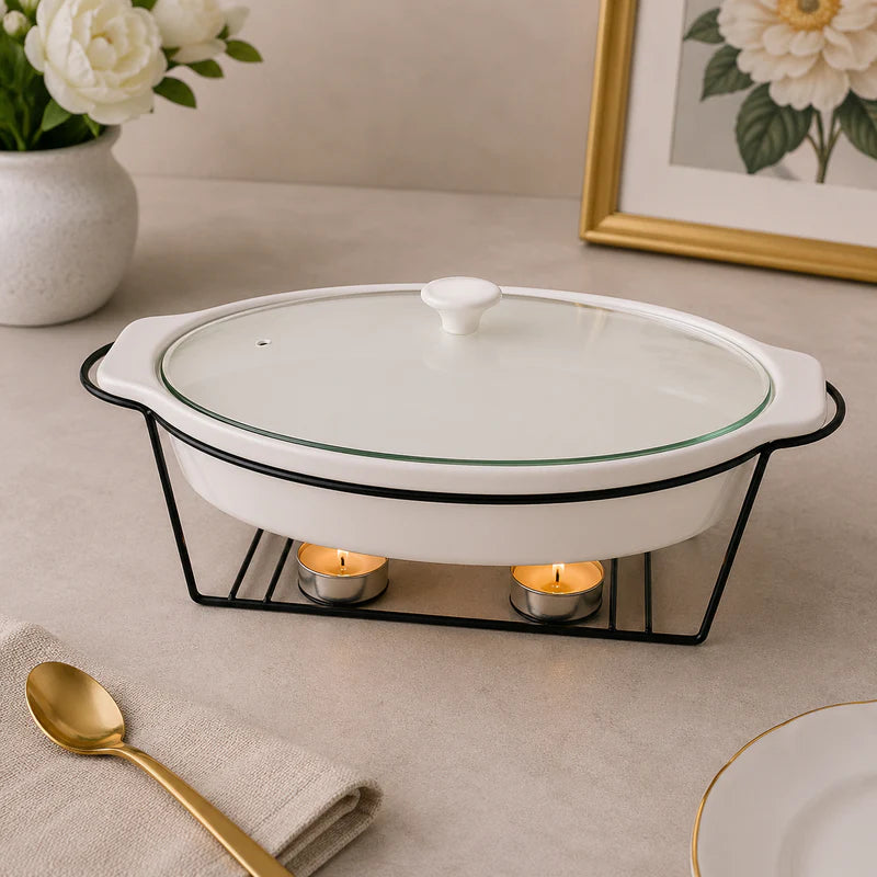 Brilliant 15-Inch Oval Ceramic Chafing Dish with Metal Candle Stand