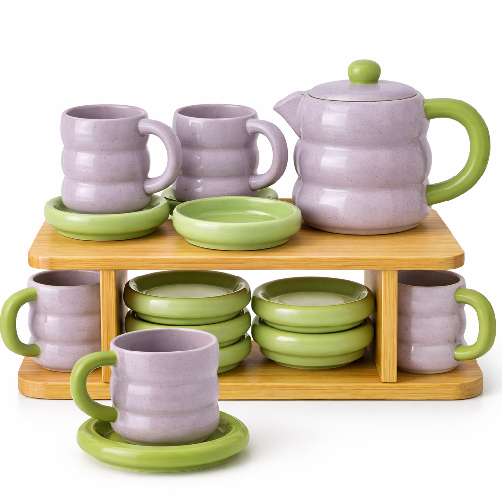 15-Piece Ceramic Tea Set with Wooden Rack – Premium Kitchen Display Set