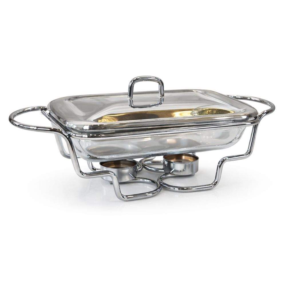 Stainless Steel Square Chafing Dish with Pyrex Glass Dish & Lid – Premium Buffet Food Warmer
