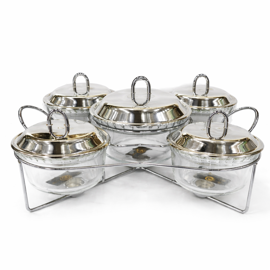 5 IN 1 Stainless Steel Buffet Serving Set – Premium Food Warmer with Stand