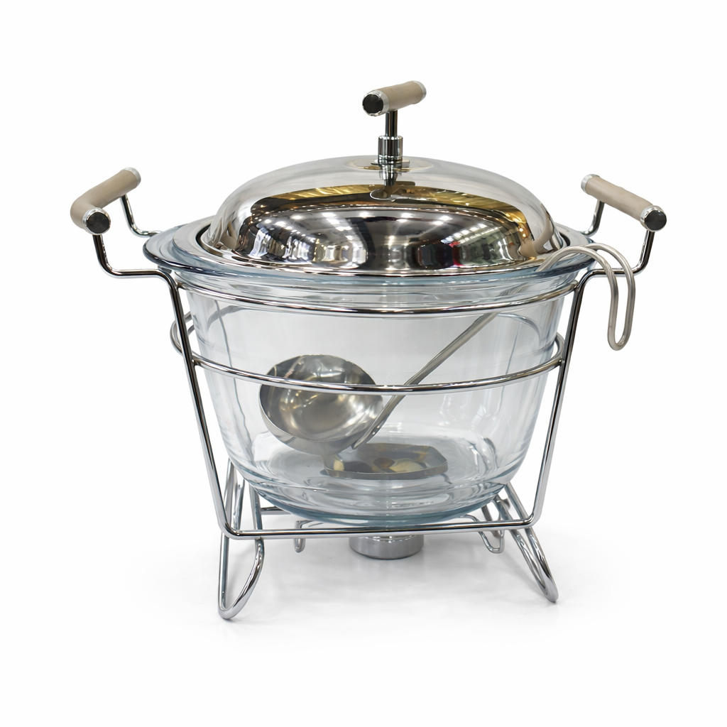 Premium Stainless Steel Round Chafing Dish 4.0 LTR – Glass Bowl Food Warmer with Lid & Stand