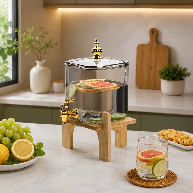 Premium 4.2L Square Glass Beverage Dispenser with Wooden Stand