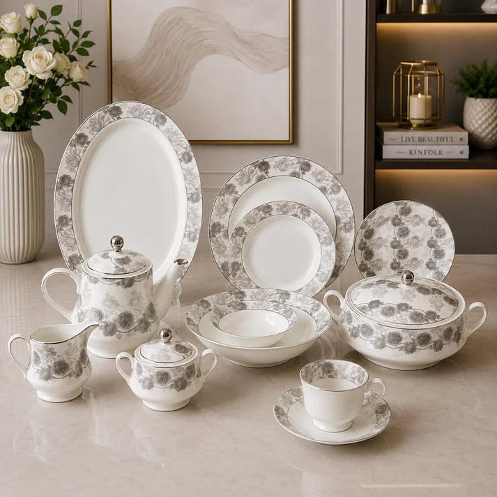 Platinum Rose Elegance Dinner Set – 61 Pieces