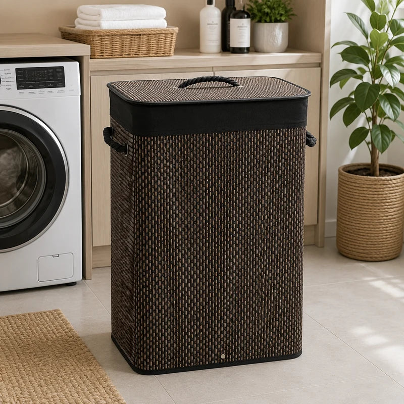 Dark Brown Bamboo Rectangular Laundry Basket with Lid