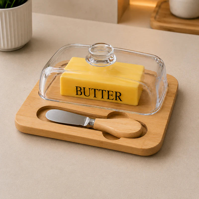 Premium Acrylic Butter Dish with Wooden Base & Butter Knife