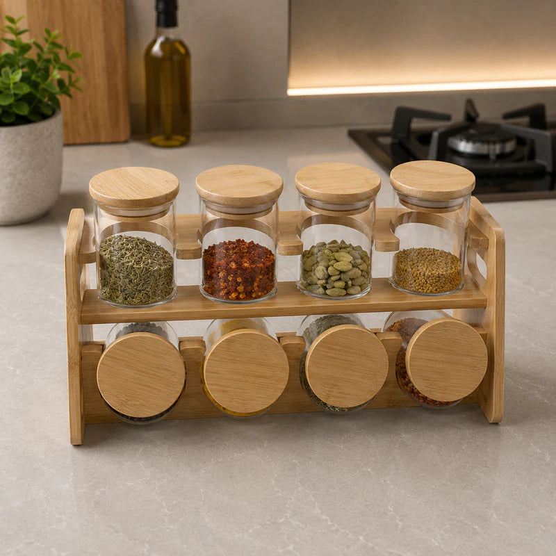Premium Bamboo Spice Rack Set – 8 Jar Organizer