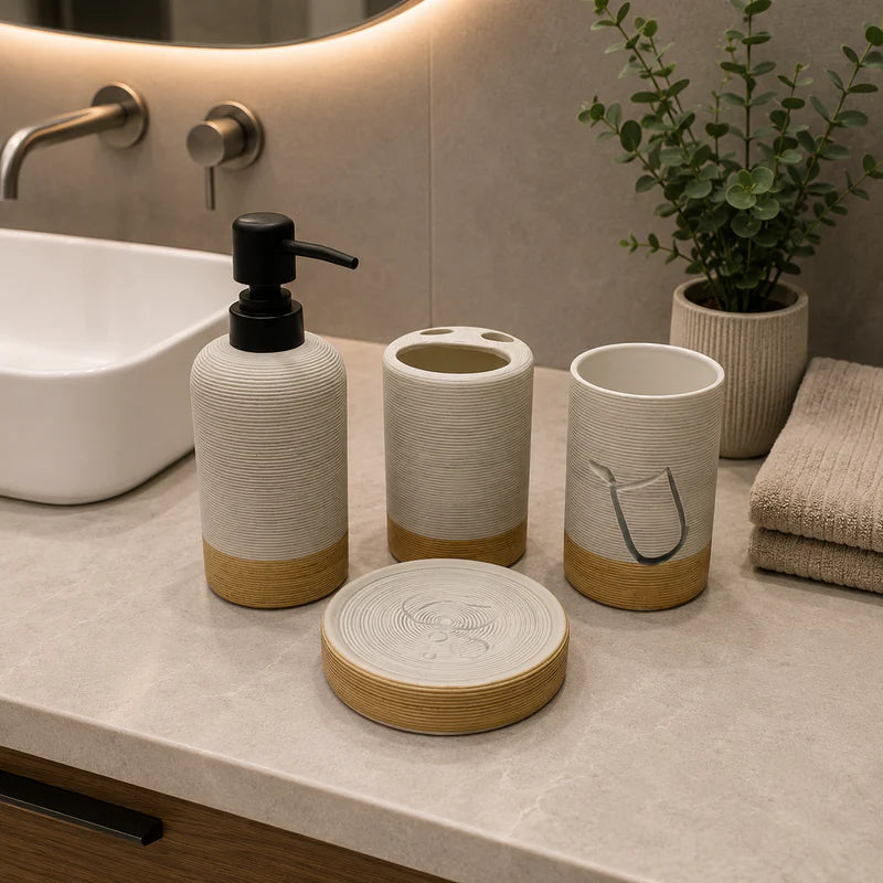 4-Piece Ribbed Ceramic Bathroom Accessories Set – Ivory & Sand Beige