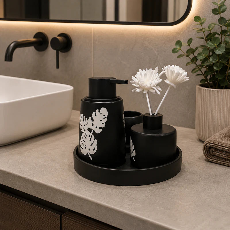 3-Piece Ceramic Bathroom Accessories Set with Tray – Black Botanical