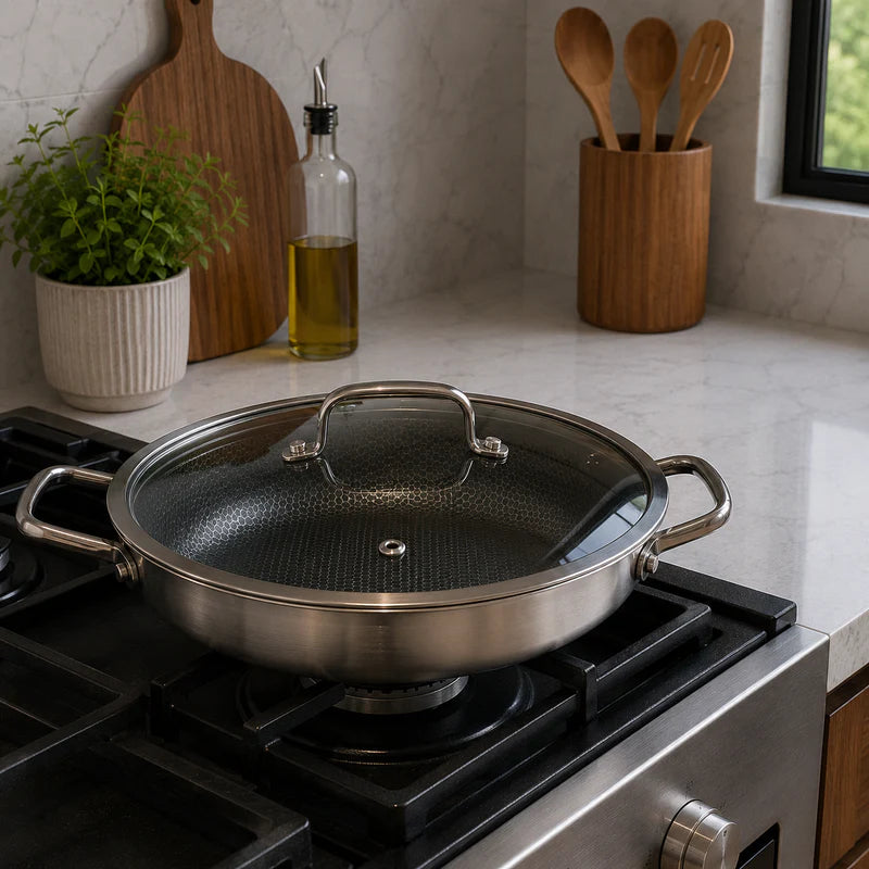 Stainless Steel Shallow Casserole with Glass Lid | 32cm