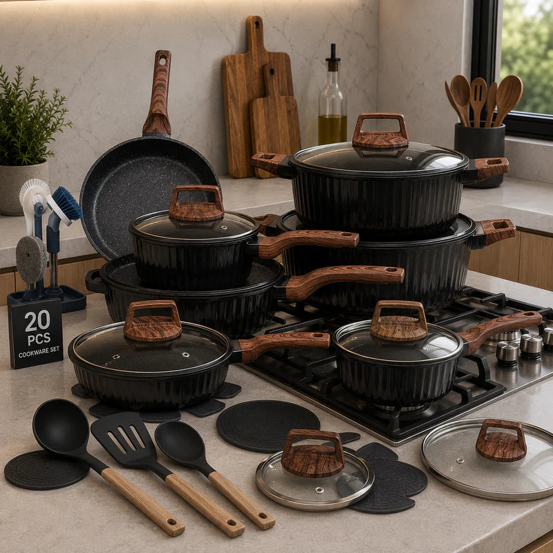 20-Piece Black Granite Non-Stick Cookware Set