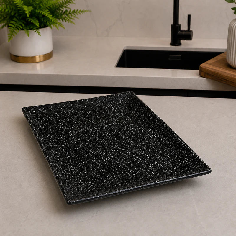 Winsor England 10.75 Inch Porcelain Rectangular Serving Plate – Black Speckled Finish