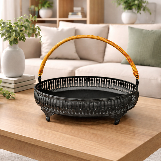 Vintage Metal Serving Basket with Rattan Handle | Rectangle | Oval | Round