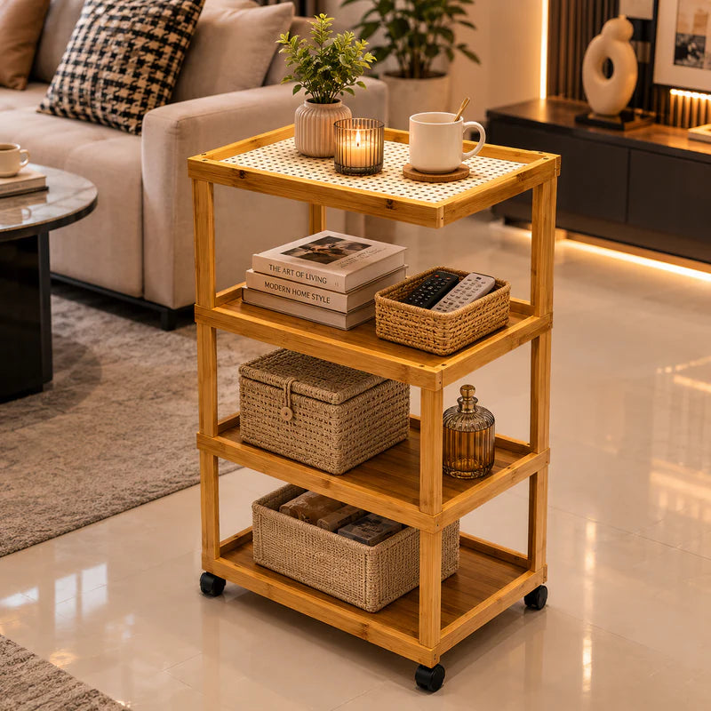 Nordic Rattan 4-Layer Wooden Rolling Trolley