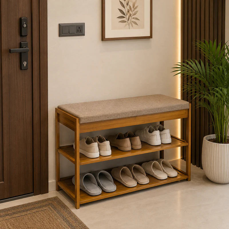 Nordic Wooden Shoe Rack Bench with Cushion Seat