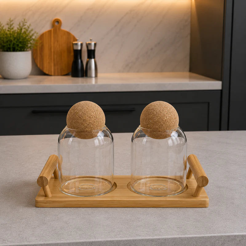 Ball-Top Glass Jar Set with Bamboo Tray