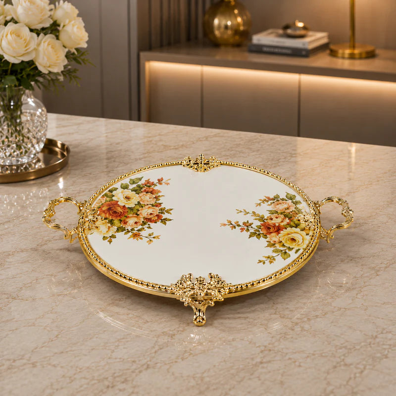 Brilliant Royal Blossom Gold Round Flat Tray – 35x6cm