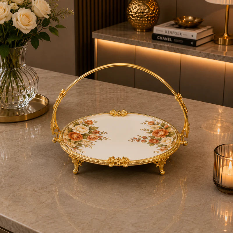 Brilliant Royal Blossom Gold Round Flat Basket Tray – 24x36x2cm