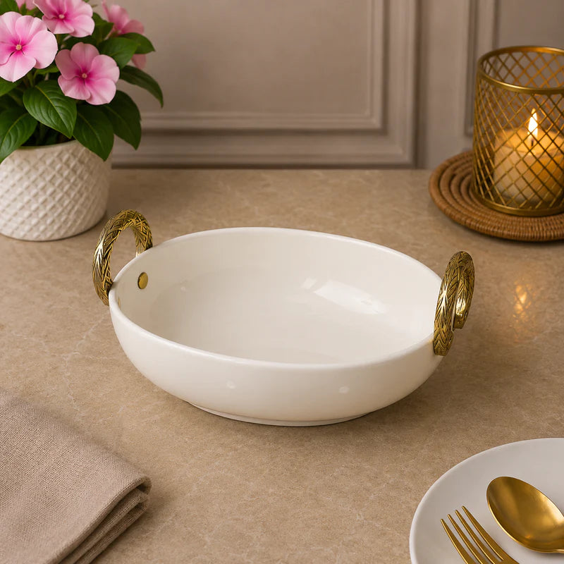 Brilliant Golden Harmony 10.25" Oval Ceramic Bowl with Metal Handles