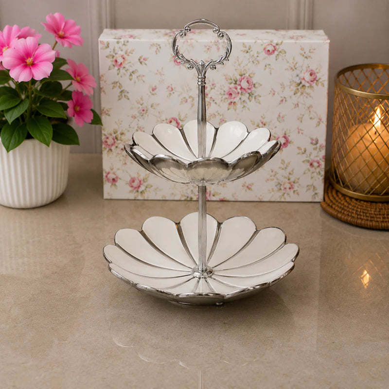BBrilliant Silver Blossom 2-Tier Ceramic Bowl Stand Set