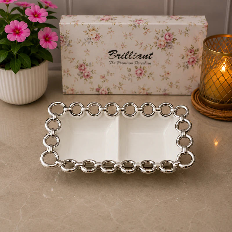 Brilliant Silver Circle Duo 8.75" Rectangular Ceramic Bowl
