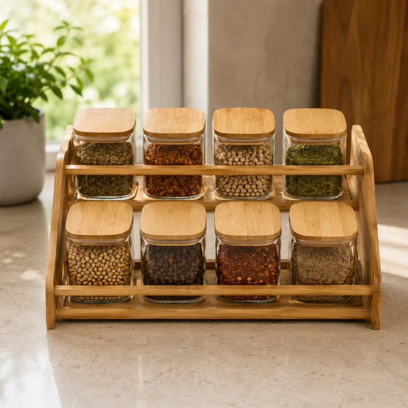 Premium 8Pc Glass Jar Set with Wooden Rack