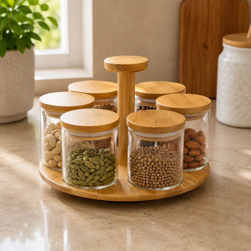 Premium 6Pc Glass Jar Set with Rotating Wooden Stand