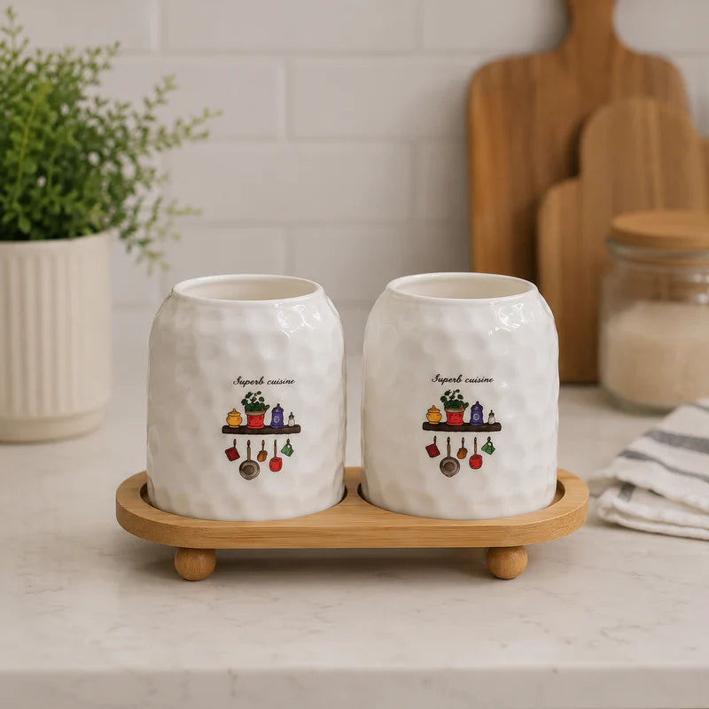 Textured Ceramic Spoon Holder Set with Wooden Tray