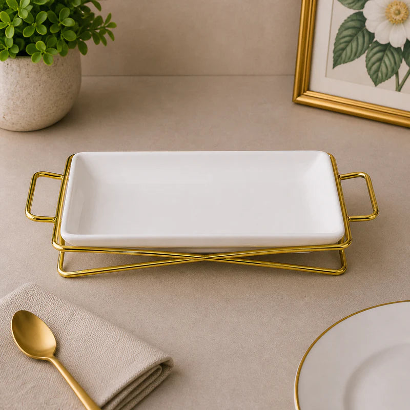 Brilliant 10-Inch Rectangular Ceramic Serving Plate with Gold Metal Stand