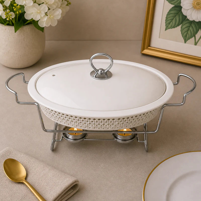 Brilliant 16-Inch Oval Ceramic Chafing Dish with Metal Candle Stand