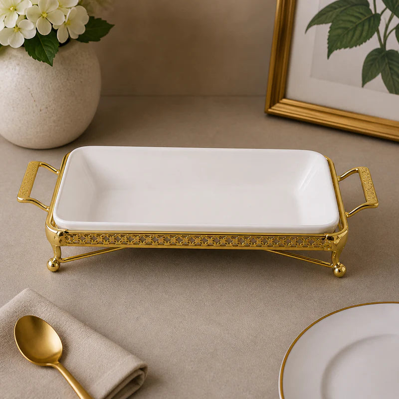 Brilliant 10-Inch Rectangular Ceramic Serving Dish with Decorative Gold Metal Stand