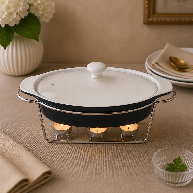 Brilliant 11-Inch Oval Ceramic Chafing Dish with Glass Lid & Metal Candle Stand