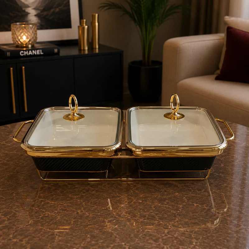 Double Rectangular Black Serving Dish Set - 12 Inches
