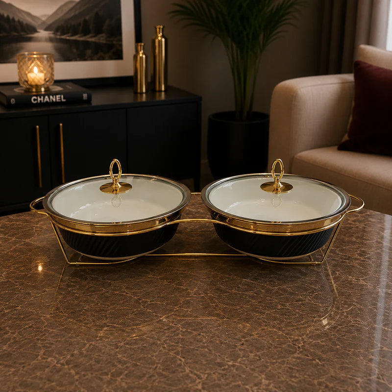 Double Round Black Serving Dish Set - 12 Inches