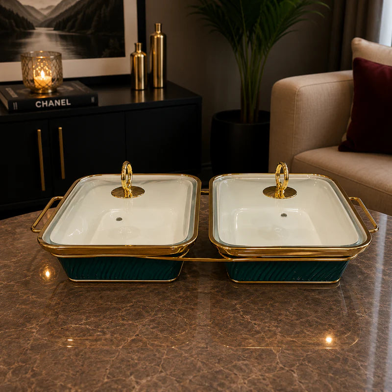Double Rectangular Green Serving Dish Set - 12 Inches