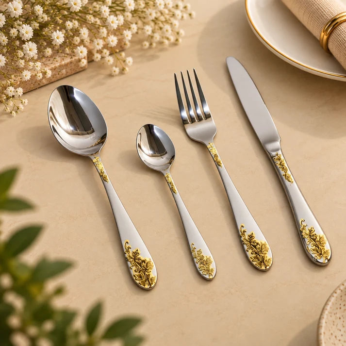 Royal Gold Floral 24-Piece Stainless Steel Cutlery Set
